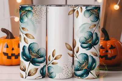 Teal Blue & Gold Floral 20oz Tumbler Sublimation PixelChick 