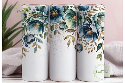 Teal Blue & Gold Floral 20oz Tumbler Sublimation PixelChick 