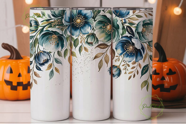 Teal Blue & Gold Floral 20oz Tumbler Sublimation PixelChick 