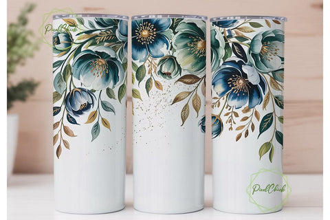Teal Blue & Gold Floral 20oz Tumbler Sublimation PixelChick 