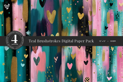 Teal Brushstrokes Hearts Digital Paper Pack Sublimation BijouBay 