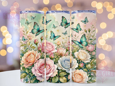 Teal Butterfly Rose Garden 20oz Tumbler, Butterfly Motif, Teal Art Design, Rose Garden Theme, Whimsical Accent, Elegant Charm, Sublimation Wrap, 20oz Tumbler Sublimation SvggirlplusArt 