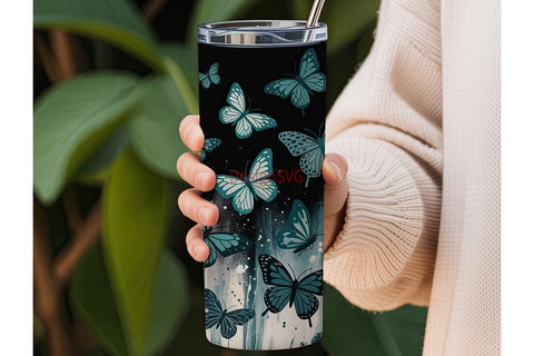 Teal Butterfly Splatter 20oz Tumbler Sublimation DesignSVG 