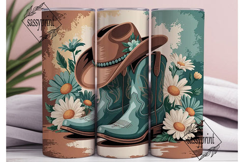 Teal Cowboy Boots & Daisies 20oz Tumbler Sublimation sassyprint 