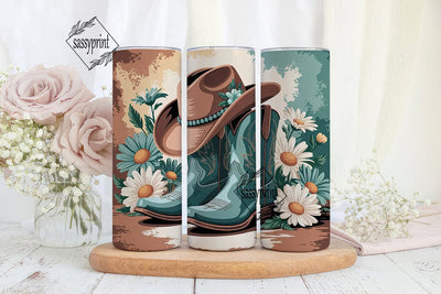 Teal Cowboy Boots & Daisies 20oz Tumbler Sublimation sassyprint 