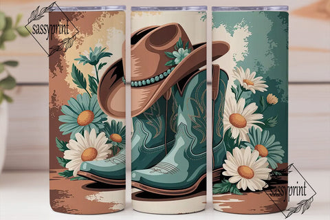 Teal Cowboy Boots & Daisies 20oz Tumbler Sublimation sassyprint 