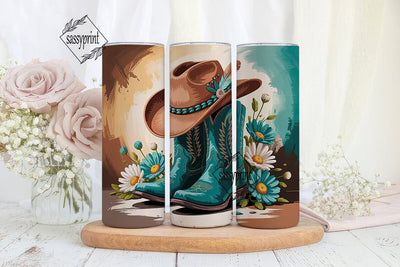 Teal Cowboy Boots & Daisies 20oz Tumbler Sublimation sassyprint 