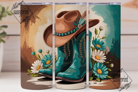 Teal Cowboy Boots & Daisies 20oz Tumbler Sublimation sassyprint 