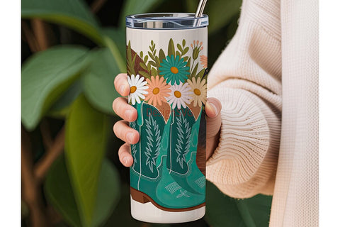 Teal Cowboy Boots Floral 20oz Tumbler Sublimation DesignSVG 