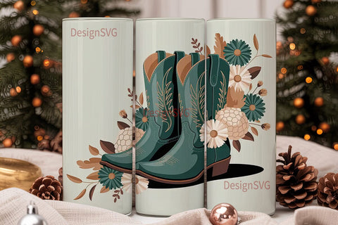 Teal Cowboy Boots Floral 20oz Tumbler Sublimation DesignSVG 