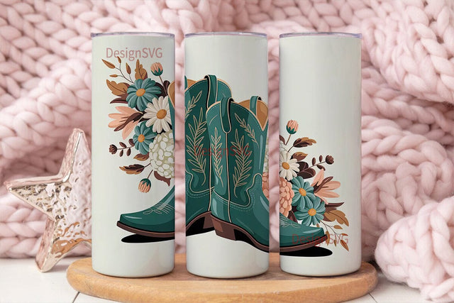 Teal Cowboy Boots Floral 20oz Tumbler Sublimation DesignSVG 