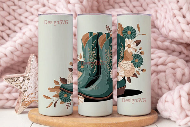 Teal Cowboy Boots Floral 20oz Tumbler Sublimation DesignSVG 