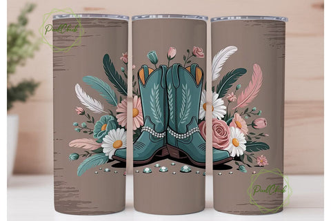 Teal Cowboy Boots Floral Tumbler Design Sublimation PixelChick 