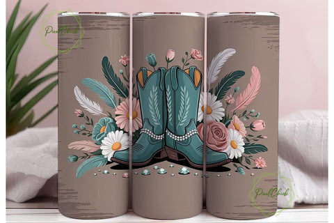 Teal Cowboy Boots Floral Tumbler Design Sublimation PixelChick 