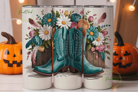 Teal Cowboy Boots Floral Tumbler Design Sublimation PixelChick 