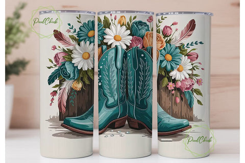 Teal Cowboy Boots Floral Tumbler Design Sublimation PixelChick 