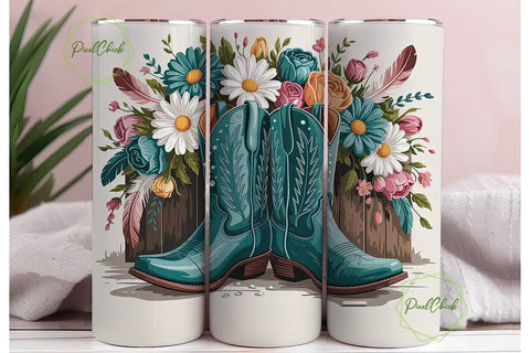 Teal Cowboy Boots Floral Tumbler Design Sublimation PixelChick 