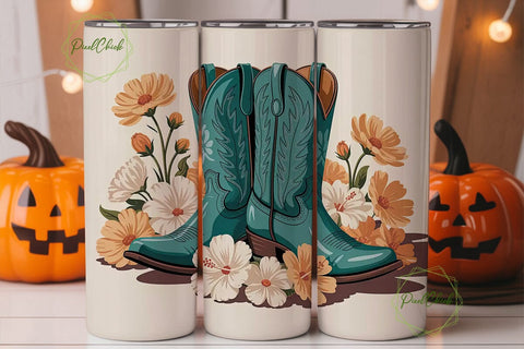 Teal Cowboy Boots & Flowers 20oz Tumbler Sublimation PixelChick 