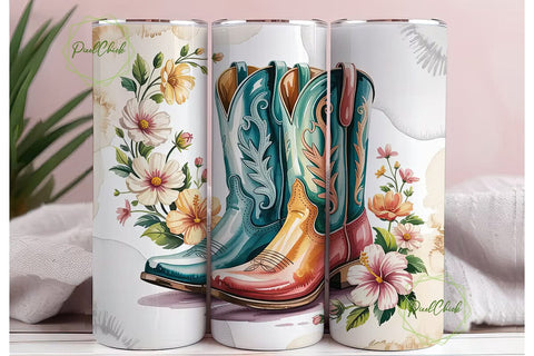 Teal Cowboy Boots & Flowers 20oz Tumbler Sublimation PixelChick 