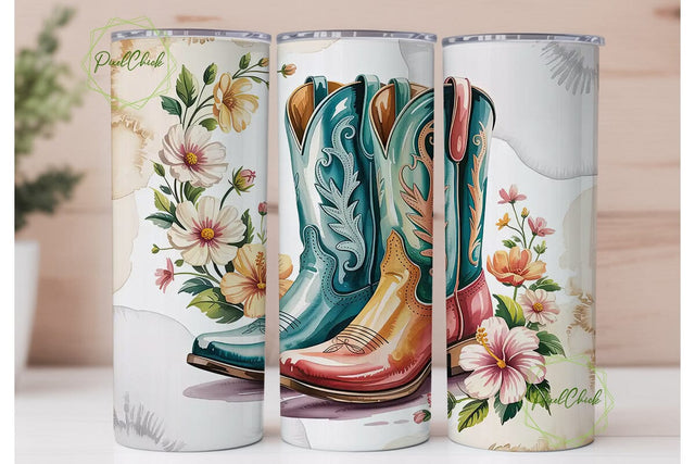 Teal Cowboy Boots & Flowers 20oz Tumbler Sublimation PixelChick 