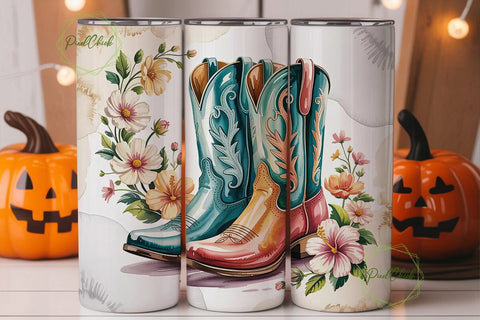 Teal Cowboy Boots & Flowers 20oz Tumbler Sublimation PixelChick 
