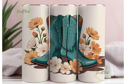 Teal Cowboy Boots & Flowers 20oz Tumbler Sublimation PixelChick 