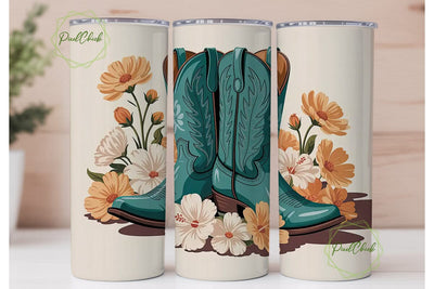 Teal Cowboy Boots & Flowers 20oz Tumbler Sublimation PixelChick 