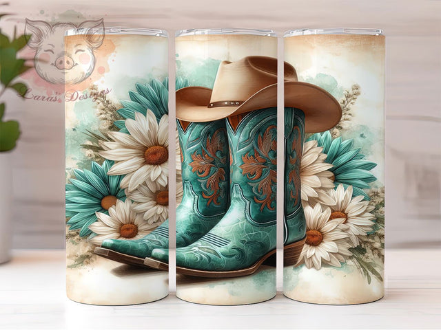 Teal Cowboy Boots Western Tumbler, Western Hat Wrap, 20Oz Sublimation Design, Floral Country Drinkware, Rustic Western Cup, Cowgirl Gift Idea, Rodeo Style Tumbler Sublimation Lara' s Designs 