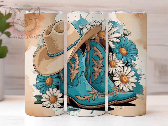 Teal Cowboy Boots Western Tumbler, Western Hat Wrap, 20Oz Sublimation Design, Floral Country Drinkware, Rustic Western Cup, Cowgirl Gift Idea, Rodeo Style Tumbler Sublimation Lara' s Designs 
