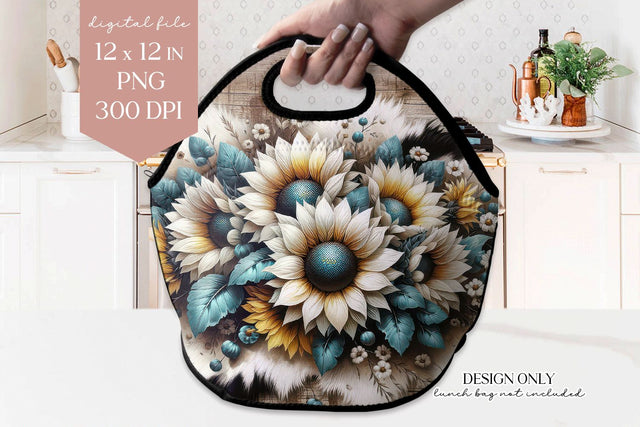 Teal Cowhide Sunflower Lunch Bag PNG Sublimation Sublimation BijouBay 