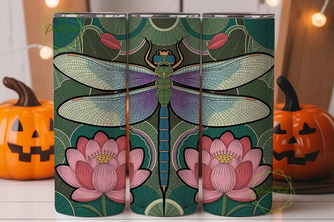 Teal Dragonfly Lotus 20oz Tumbler Wrap Sublimation PixelChick 