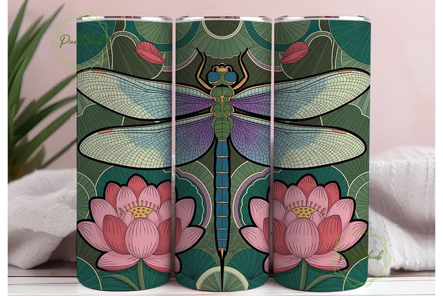 Teal Dragonfly Lotus 20oz Tumbler Wrap Sublimation PixelChick 