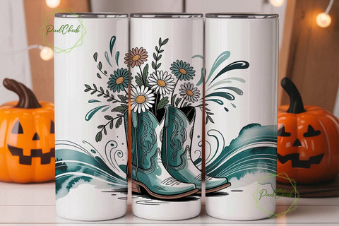 Teal Floral Cowboy Boots 20oz Tumbler Sublimation PixelChick 