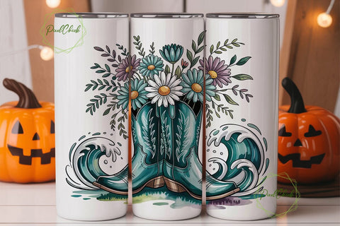 Teal Floral Cowboy Boots 20oz Tumbler Sublimation PixelChick 