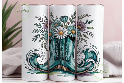 Teal Floral Cowboy Boots 20oz Tumbler Sublimation PixelChick 