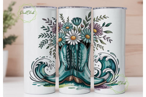 Teal Floral Cowboy Boots 20oz Tumbler Sublimation PixelChick 