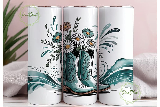 Teal Floral Cowboy Boots 20oz Tumbler Sublimation PixelChick 