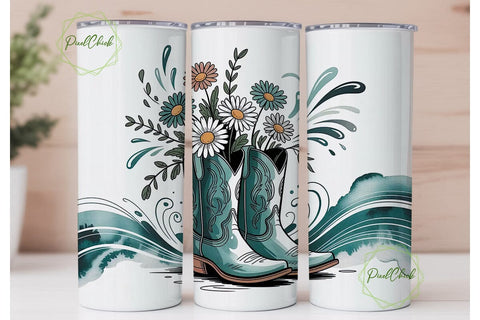 Teal Floral Cowboy Boots 20oz Tumbler Sublimation PixelChick 