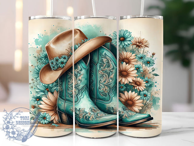 Teal Floral Cowboy Boots Tumbler, Western Hat Floral Wrap, 20Oz Sublimation Design, Rustic Cowgirl Cup, Country Western Drinkware, Floral Cowboy Boot Mug, Rodeo Cowgirl Gift Sublimation ToriDesigns 