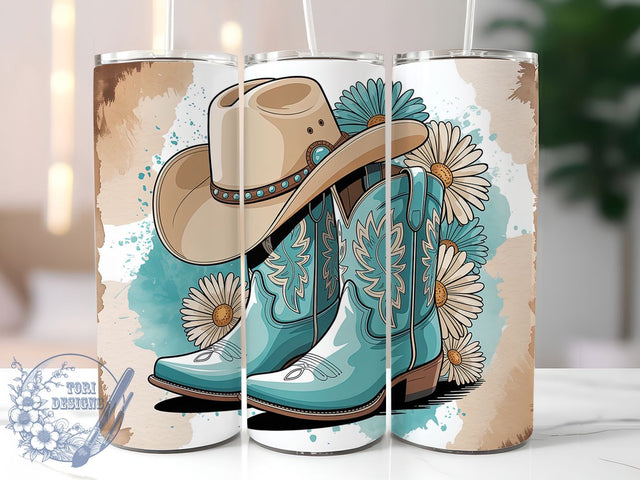 Teal Floral Cowboy Boots Tumbler, Western Hat Floral Wrap, 20Oz Sublimation Design, Rustic Cowgirl Cup, Country Western Drinkware, Floral Cowboy Boot Mug, Rodeo Cowgirl Gift Sublimation ToriDesigns 