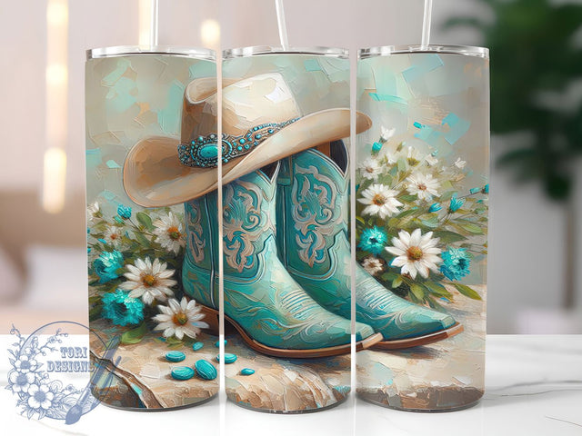 Teal Floral Cowboy Boots Tumbler, Western Hat Floral Wrap, 20Oz Sublimation Design, Rustic Cowgirl Cup, Country Western Drinkware, Floral Cowboy Boot Mug, Rodeo Cowgirl Gift Sublimation ToriDesigns 