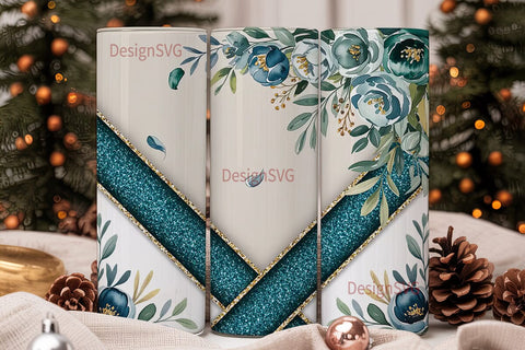 Teal Floral Glitter 20oz Tumbler Wrap Sublimation DesignSVG 
