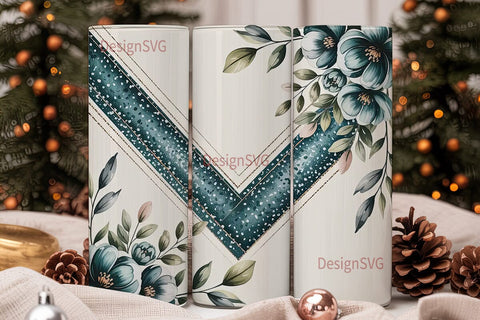 Teal Floral Glitter 20oz Tumbler Wrap Sublimation DesignSVG 