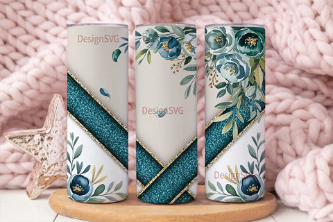 Teal Floral Glitter 20oz Tumbler Wrap Sublimation DesignSVG 