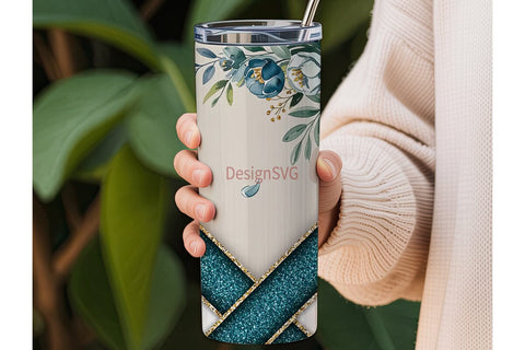 Teal Floral Glitter 20oz Tumbler Wrap Sublimation DesignSVG 