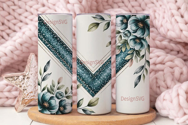 Teal Floral Glitter 20oz Tumbler Wrap Sublimation DesignSVG 