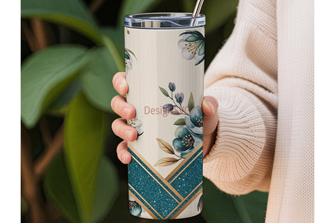Teal Floral Glitter 20oz Tumbler Wrap Sublimation DesignSVG 