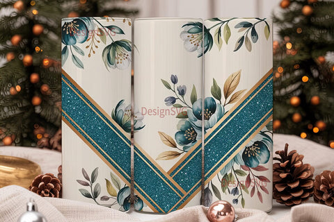 Teal Floral Glitter 20oz Tumbler Wrap Sublimation DesignSVG 