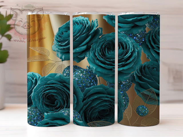 Teal Gemstone Roses 20oz Tumbler, Gemstone Design, Floral Tumbler, 20oz Sublimation, PNG Design, Elegant Mug, Sparkle Gift Sublimation Lara' s Designs 