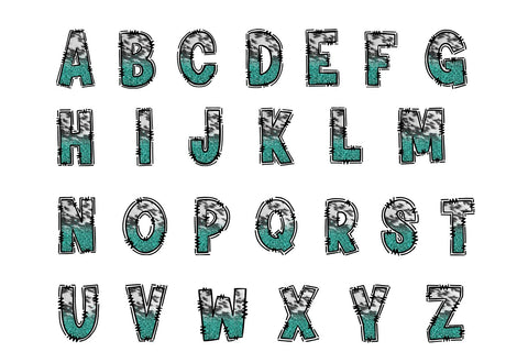 Teal Glitter Cow Print Doodle Letters, Western Alphabet PNG Sublimation BijouBay 